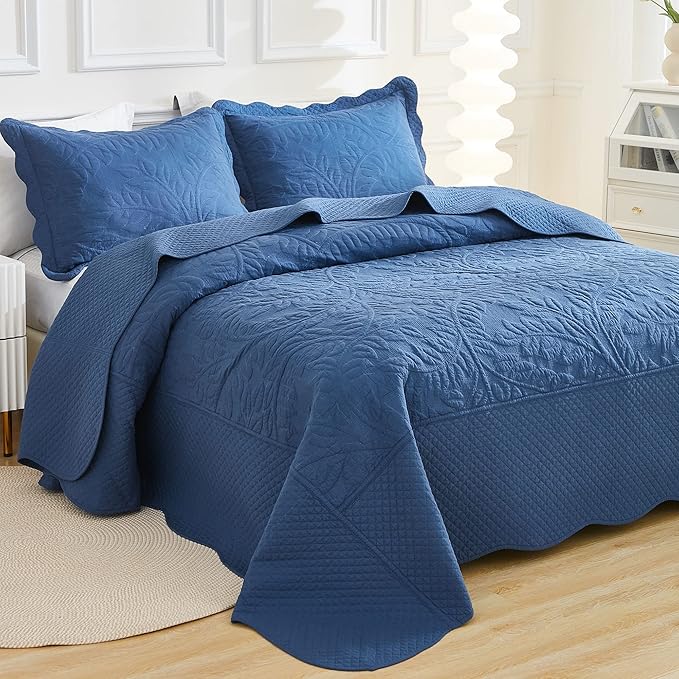 MarCielo 3-Piece 100% Cotton Oversized Bedspread Lightweight Quilt Coverlet Embroidery Farmhouse Bedding Set T0 (Midtone Blue, Oversized King (118"x106"))-Ruum Studio Home