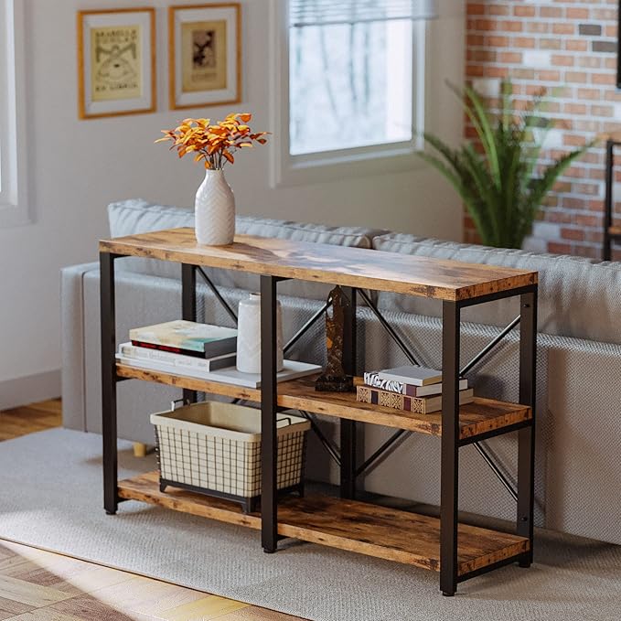 IRONCK Rustic Entryway Console Table, Long Hallway Table 47 in 3-Tier, TV Stand Entertainment Center Media Stand for Living Room, Industrial Style, Vintage Brown-Ruum Studio Home