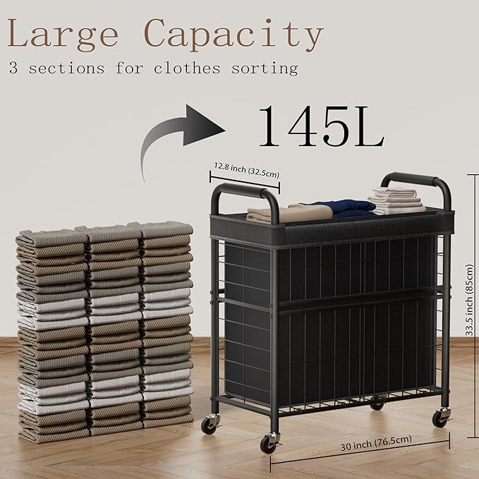 Laundry Hamper 3 Section, 145L Rolling Laundry Sorter Basket with Wheels, 3 Compartment Clothes Organizer Cart, Pull-Out Removable Bags for Laundry Room, Bathroom, Bedroom, Black-Ruum Studio Home