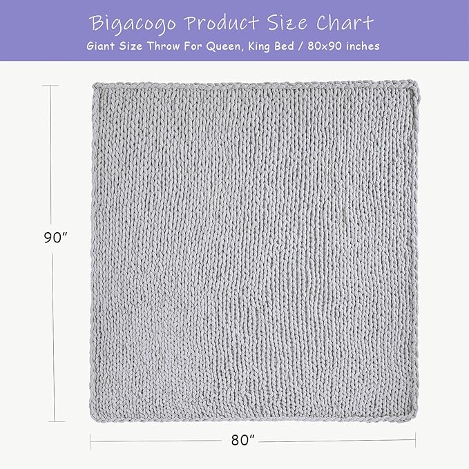 Bigacogo Chunky Knit Throw Blanket for Couch, 80x90 inches, 100% Hand Knitted with Thick Jumbo Chenille Yarn, Cozy Soft Large Rope Knot Cable Crochet Blankets for Sofa Bed Living Room, Light Grey-Ruum Studio Home