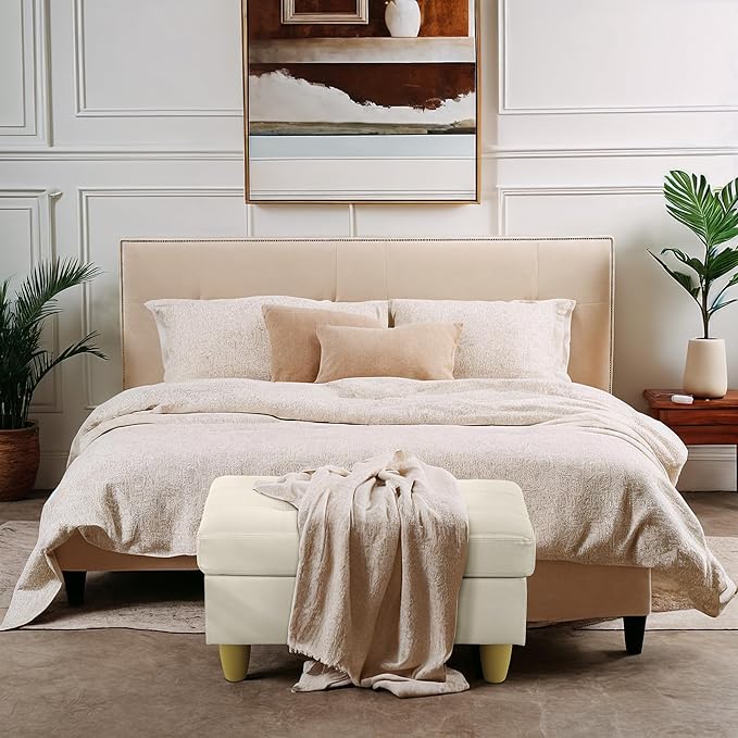 Ottoman Rectangular Storage Ottoman Bench, Faux Leather Footrest, Coffee Table, Stool Footstool with Hinged Lid for Living Room, Bedroom, Entryway, White, 35"x23.5"x17.5"-Ruum Studio Home