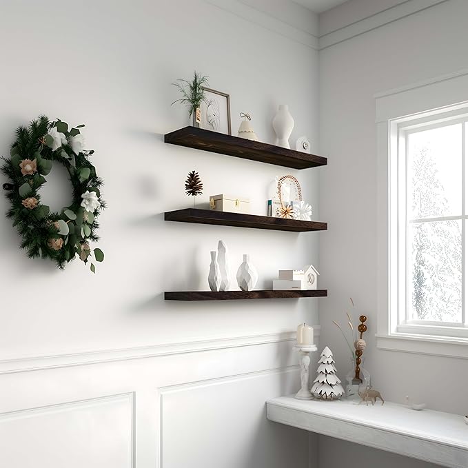Wood Floating Shelves for Wall Decor, Rustic Wall Shelves for Bedroom Bathroom Kitchen Living Room, Set of 4 Walnut 24 Inch-Ruum Studio Home
