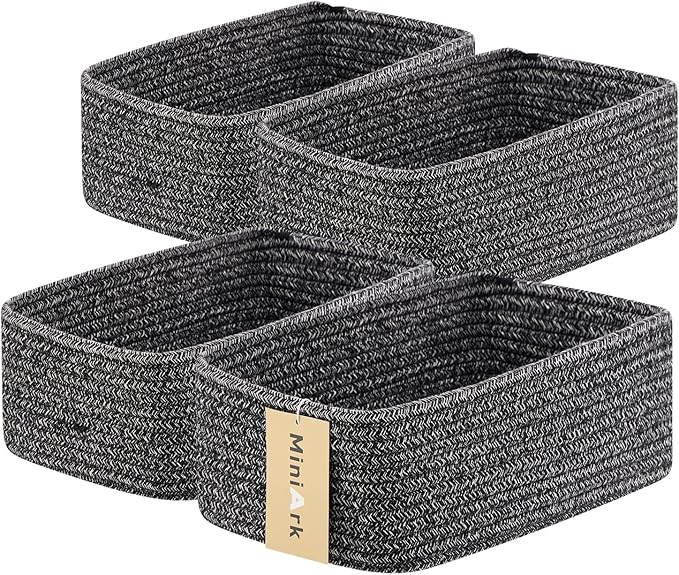 Small Storage Baskets for Organizing | Closet Organizer Bins | Shelf Toy Basket | Woven Rope Baskets | Cube Decorative Box | Shallow Basket | 11.5x7.5x4.7” | 4 Packs Dark Gray-Ruum Studio Home