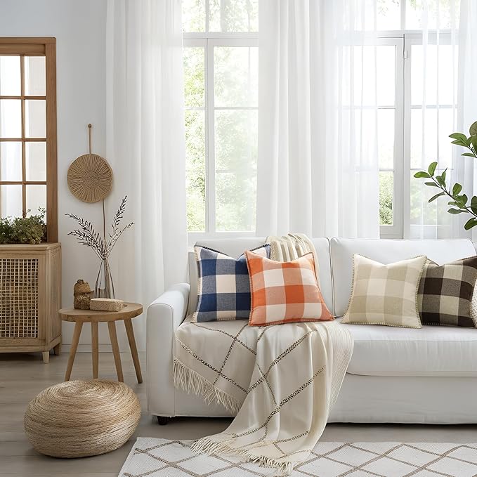 decorUhome Buffalo Plaid Check Throw Pillow Covers 20x20 Set of 2, Outdoor Decorative Farmhouse Neutral Pillow Covers with Stitched Edge for Bed Couch Sofa, Brown and Beige-Ruum Studio Home
