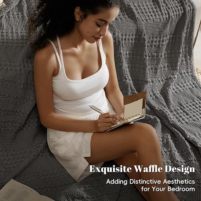 PHF 100% Cotton Waffle Weave Blanket Twin Size, Soft Lightweight Breathable Cozy Summer Blankets for Bed, Luxury Aesthetic Woven Bedding for Home Decor, 66"x90", Charcoal Grey-Ruum Studio Home