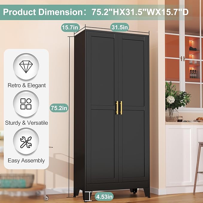 Metal Pantry Cabinet with 2 Doors and 5 Adjustable Shelves, 75" Kitchen Storage cabinets with Gold Handles, Versatile Storage for Laundry Room, Living Room, Bathroom, Dinning Room, Utility Room-Black-Ruum Studio Home