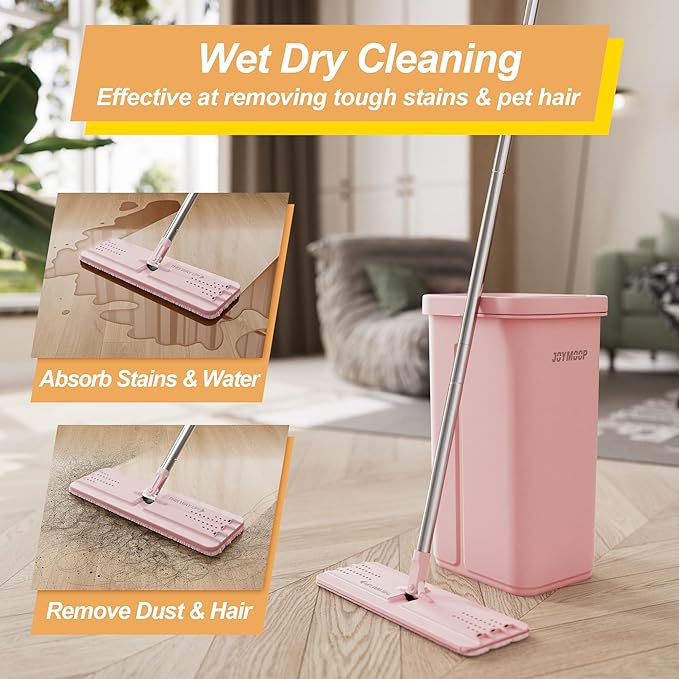 JOYMOOP Pink Mop and Bucket with Wringer Set for Home, with 3 Reusable Microfiber Mop Pads, Hands-Free Self-Cleaning System, Suitable for Floor Cleaning and Wall Cleaner-Ruum Studio Home