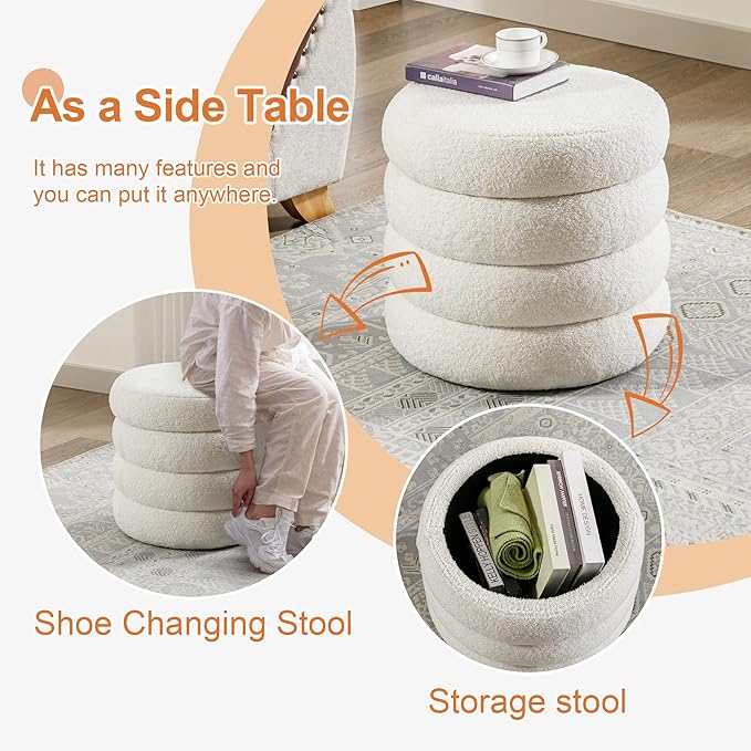 ONEVOG 20" Round Storage Ottoman with Removable Lid, Off-White Boucle Fabric Footrest Pouf, Sherpa Tufted Small Coffee Table Vanity Ottoman Foot Stools for Living Room Couch, Bedroom, Dorm, Nursery-Ruum Studio Home