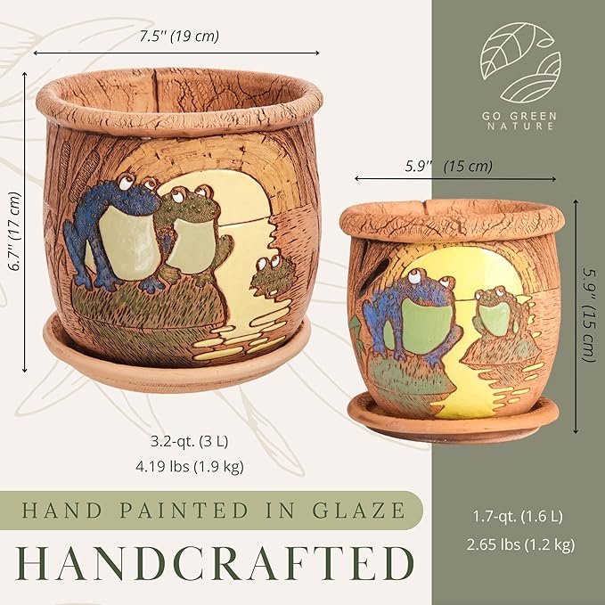 Ceramic Pot with Drainage Hole and Saucer, Plant Pots, Modern Decorative Planters for House Plants Indoor Flowers Plants, Cute Flower Pot - Gifts (Frogs (1.6 L))-Ruum Studio Home