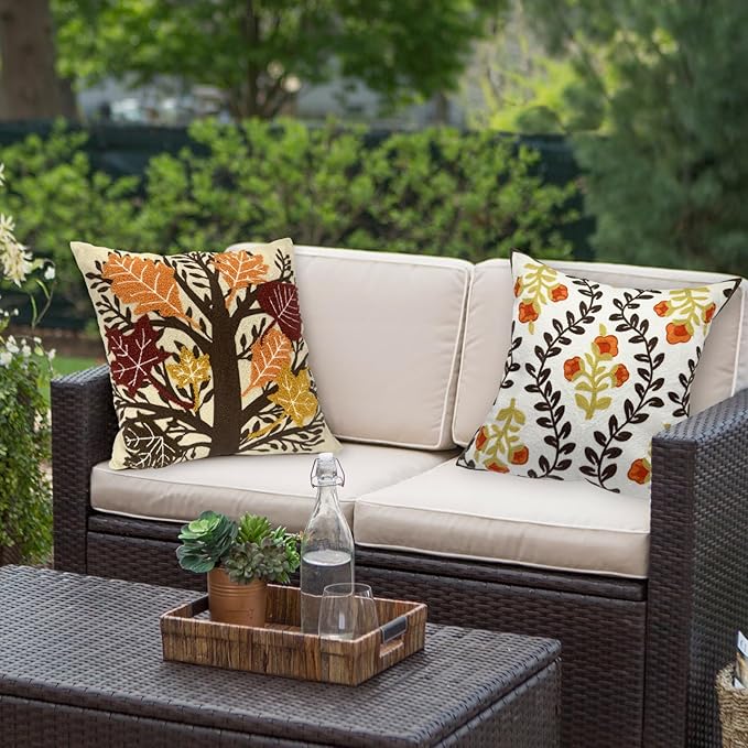 Alysheer Embroidered Fall Decorative Throw Pillow Cover 18"x 18", Boho Farmhouse Cottage Tufted Embroidery Pattern Cotton Canvas Orange Cushion Case for Sofa Couch Bed Living Room Decor(Maple Leaves)-Ruum Studio Home