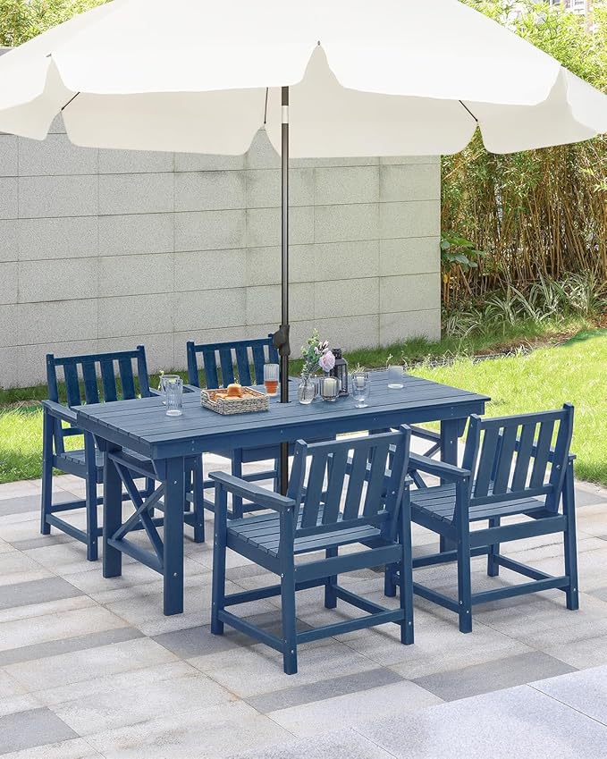 HDPE Patio Dining Set, 5-Piece Outdoor Table and Chairs with Umbrella Hole, Modern Outdoor Dining Set for 4, HDPE Outdoor Patio Furniture Dining Sets for Deck, Poolside, Porch, Navy-Ruum Studio Home