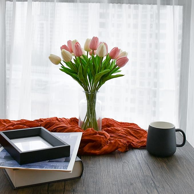 Mandy's Artificial Tulips 20 Stems White and Light Pink PU Faux Flowers for Wedding Home Decor 13.5 Inch-Ruum Studio Home