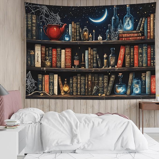 LB Fantasy Bookshelf Tapestry, Horror Spider and Vintage Book with Moon Wall Tapestry for Bedroom Aesthetic, Trippy Galaxy Wall Art for Living Room Dorm Home Decor Ready to Hanging, 59 x 51 Inches-Ruum Studio Home