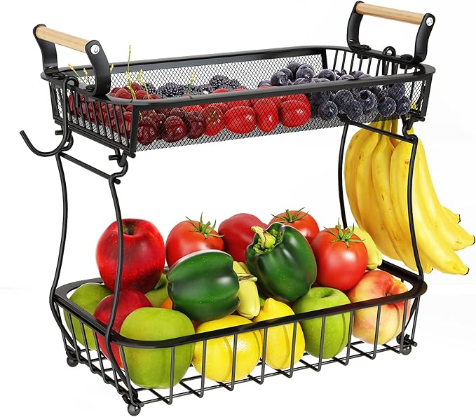 ANTOPY 2 Tier Fruit Basket with 2 Banana Hangers, Countertop Fruit Vegetable Basket Bowl for Kitchen Counter Metal Mesh Basket Fruits Stand Produce Holder Organizer for Onion Potato Bread Snack Veggie-Ruum Studio Home