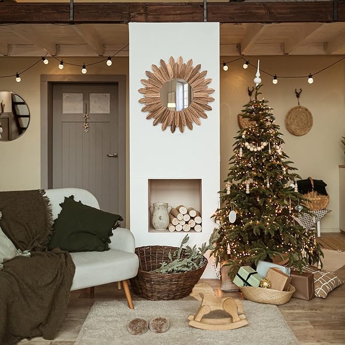 Honiway Mirror Wall Decor 21 inch Rustic Wood Boho Aesthetic Mirror for Room & Home Decor Farmhouse Wall Decor at Living Room Bedroom Carbonized Black-Ruum Studio Home