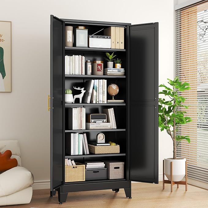 Black Metal Storage Cabinet,75" Steel Cabinets for Home Office, Kitchen Pantry Storage Cabinet with Doors and 5 Adjustable Shelves, Tool Cabinets, for Office, Home, Garage, School-Ruum Studio Home