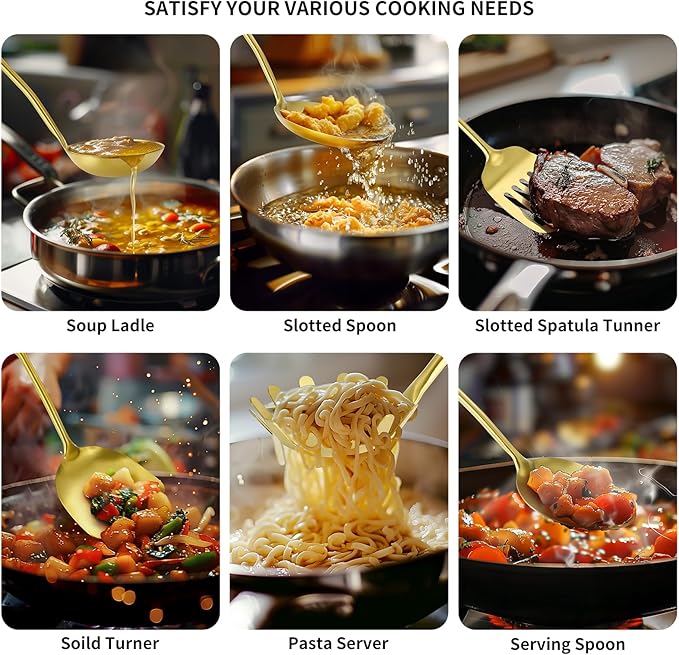 304 Stainless Steel Cooking Utensils,6 Pcs Kitchen Cooking Utensils Set with Spatula, Solid Spoon, Ladle, Skimmer, Spaghetti Spoon,Dishwasher Safe(Gold)-Ruum Studio Home