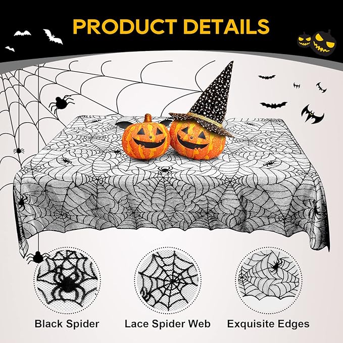 eZAKKA Halloween Table Cloth, 60"x104" Spider Webs Tablecloths Black Tablecloth Lace Fabric Table Cloths Spooky Table Cover for Rectangle Tables for Parties Gothic Halloween Home Decorations-Ruum Studio Home