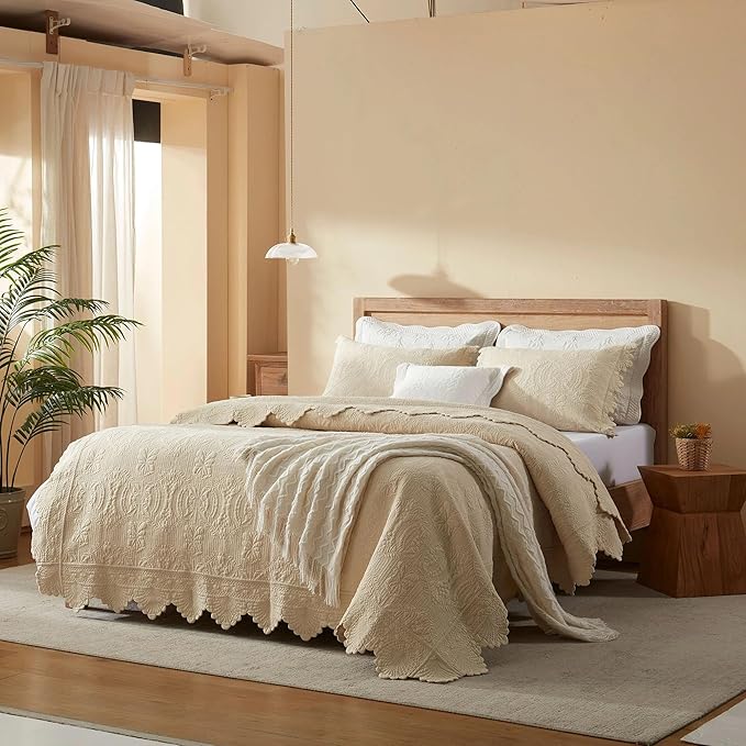 MarCielo 3-Piece 100% Cotton Oversized Bedspread Lightweight Quilt Coverlet Embroidery Farmhouse Bedding Set(TL Beige,Oversized King (118"x106"))-Ruum Studio Home