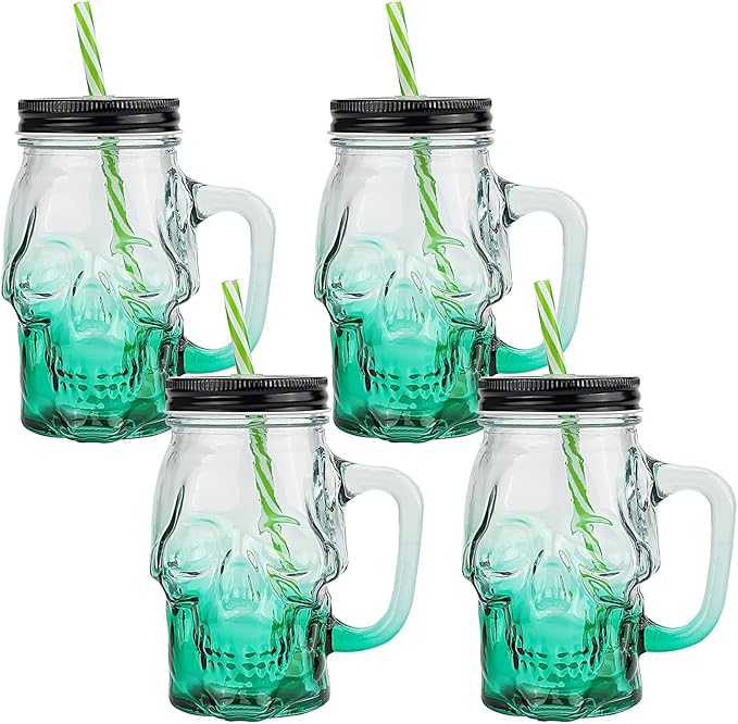 Halloween Cups Set of 4 - Green Skull Glass Drinking Jar with Lids and Straws - Halloween Decor, Drinking Glasses 16 oz-Ruum Studio Home