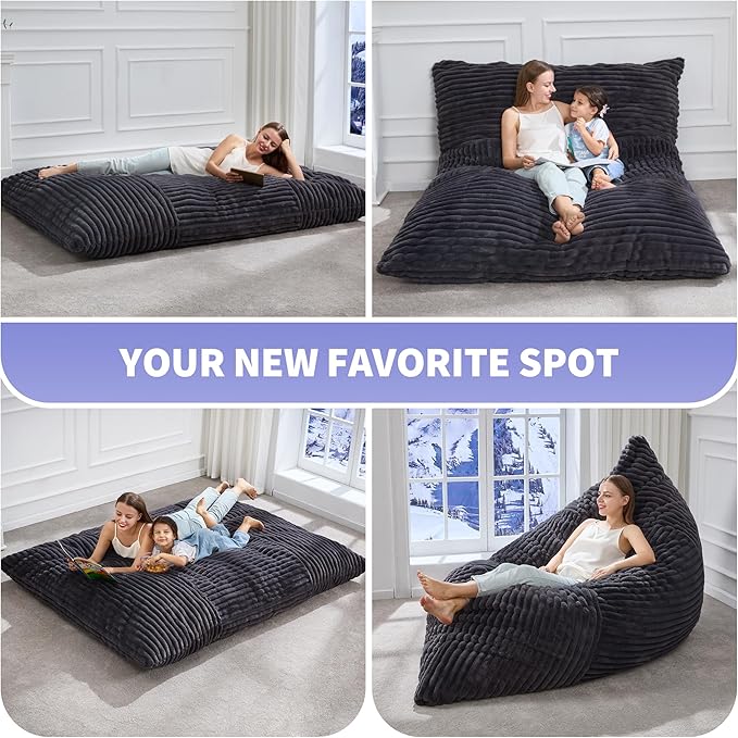 Hobestluk 3 in 1 Bean Bag Chair Giant Bean Bag Chairs Convertible Bean Bag Floor Cushion with Machine Washable Cover, Beanbag Chairs for Adult (Dark Grey)-Ruum Studio Home