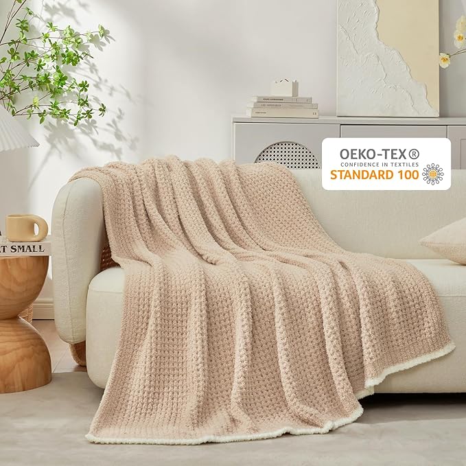 Snuggle Sac Waffle Throw Blanket for Couch Bed Sofa 50x60 inches, Reversible Beige Blanket Microfiber Fluffy Fuzzy Cozy Knit Soft Throws for Women Mothers Birthday Gifts-Ruum Studio Home