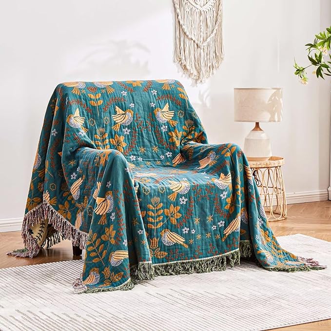 Boho Throw Blanket, 100% Cotton Ultra Soft Luxury Throw Rustic Quilt, 90"x98" Floral Printed Farmhouse Decor Bed Summer Blankets, All Season Rustic Reversible Bohemian Throw for Bed - Blue-Ruum Studio Home