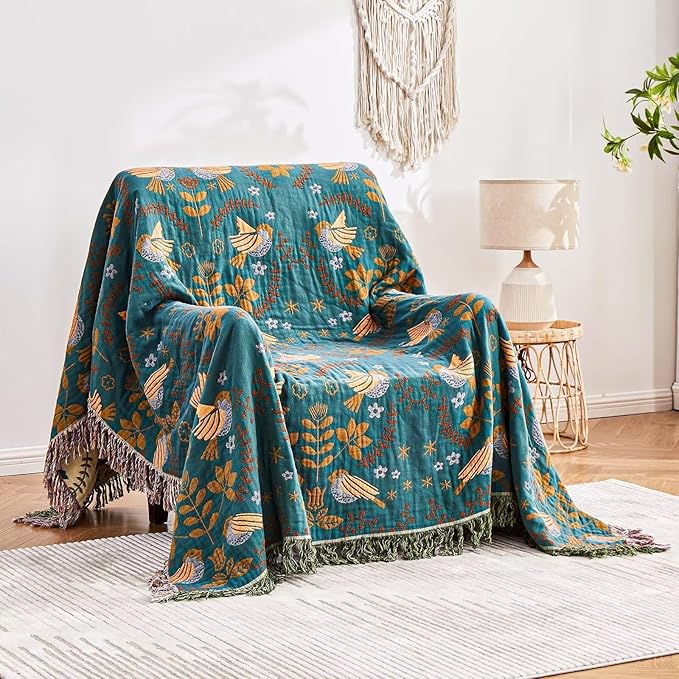 Boho Throw Blanket, 100% Cotton Ultra Soft Luxury Throw Rustic Quilt, 80"x90" Floral Printed Farmhouse Decor Bed Summer Blankets, All Season Rustic Reversible Bohemian Throw for Bed - Blue-Ruum Studio Home