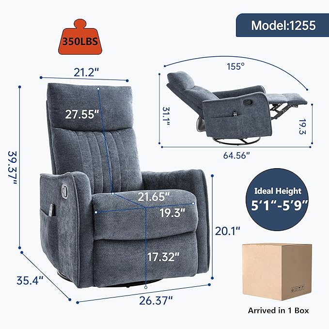 Manual Swivel Rocker Recliner Chair for Adults, Overstuffed Reclining Glider Chair for Nursing with Vibration Massage & Heat, Living Room Rocking Recliner 2-Stage backrest, Chenille Fabric Blue-Ruum Studio Home
