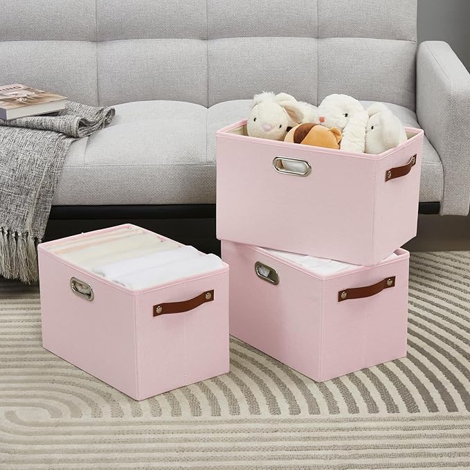 Large 3-Pack Foldable Fabric Storage Bins with Durable PU & Metal Handles, Collapsible Storage Baskets for Shelves, Home Storage, Closet Organizers, Living Room(14.9"x9.8"x9.8", Pink)-Ruum Studio Home
