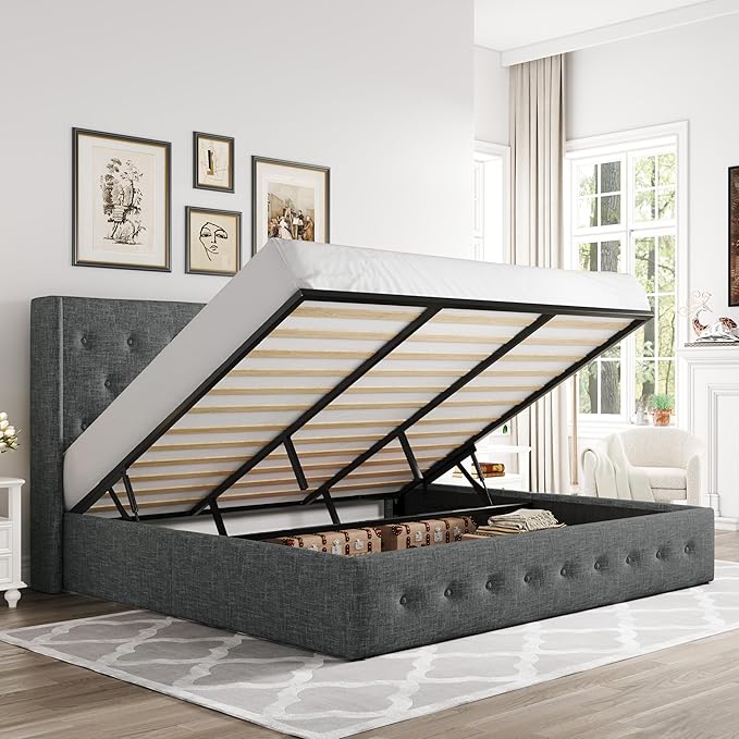 Allewie King Size Lift Up Storage Bed, Button Tufted Headboard with Wingback, Hydraulic Support, No Box Spring Needed, Dark Grey-Ruum Studio Home