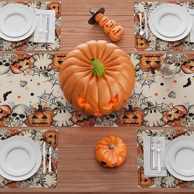 XCHI Spooky Skeleton Ghost Pumpkin Halloween Table Runner Party Table Decoration for Home Kitchen Dining Holiday Decor 13x72 Inch-Ruum Studio Home