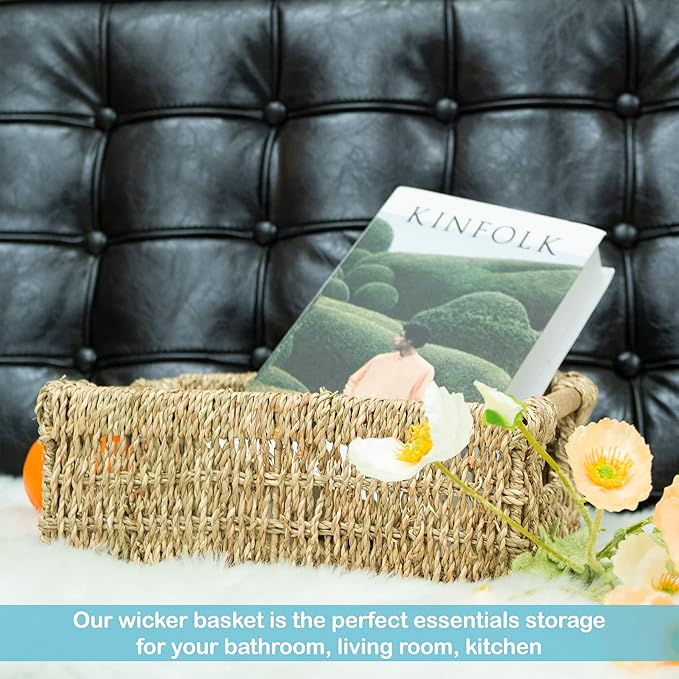 Natural Seagrass Storage Basket with Handle, Rectangular Woven Organizer Bin for Living Room or Shelf, Decorative Storage Basket, Medium Size 13.4 x 9.3 x 4.9 Inches-Ruum Studio Home