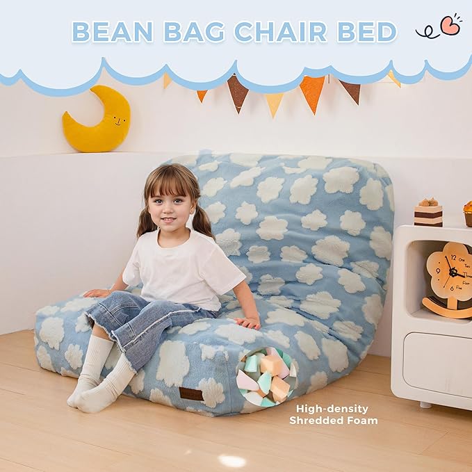 MAXYOYO Bean Bag Chair Bed for Kids, Convertible Bean Bag from Lazy Chair to Floor Bed, Fresh Cloud Design Cover, Stuffed Floor Sofa Couch for Boys and Girls, High-Density Foam Filling, Blue-Ruum Studio Home