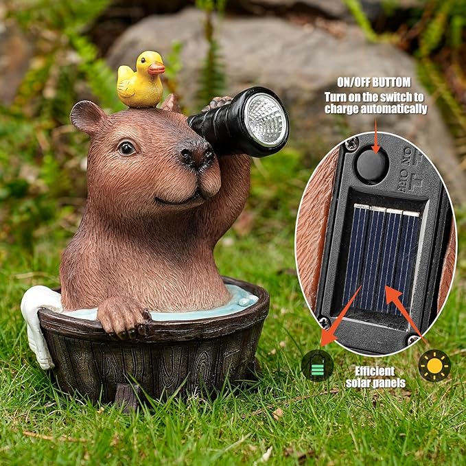 Capybara Solar Garden Statue – Funny Outdoor Resin Animal Decor with Flashlight & Duck – Waterproof Yard Lawn Ornament with LED Light – Solar Powered Figurine for Patio, Porch, Landscape-Ruum Studio Home