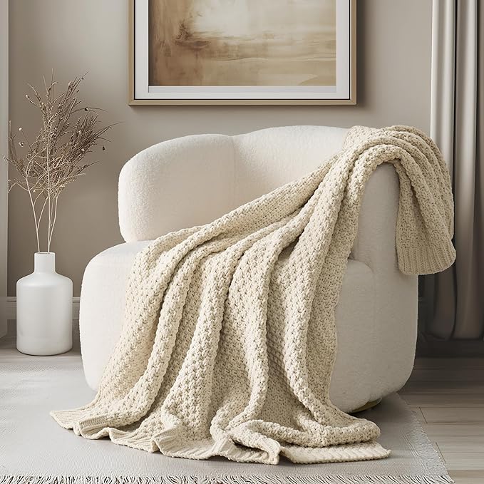 Chunky Chenille Knit Throw Blanket for Couch, Soft Luxurious Moss Stitch Blankets for Bed, Cozy Decorative Farmhouse Knitted Throws for Sofa, Beige, 50" x 60"-Ruum Studio Home