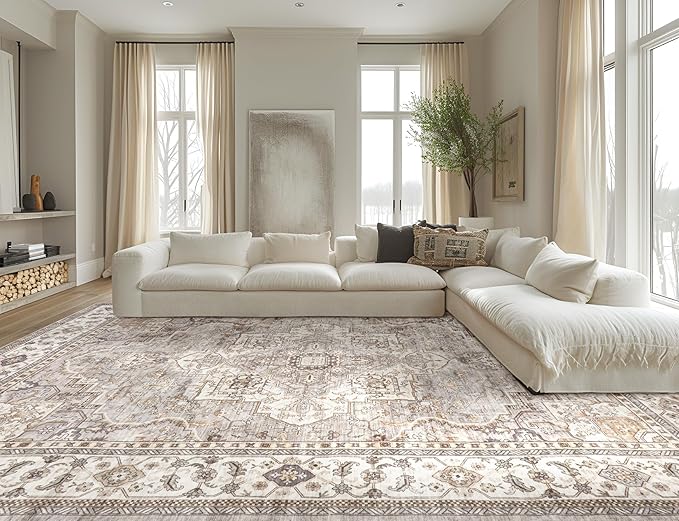 Washable Area Rugs for Living Room - 6x9 Neutral Vintage Distressed Floral Farmhouse Boho Large Soft Floor Rug Indoor Non Slip Carpet for Bedroom Dining Room Office - Grey Brown-Ruum Studio Home