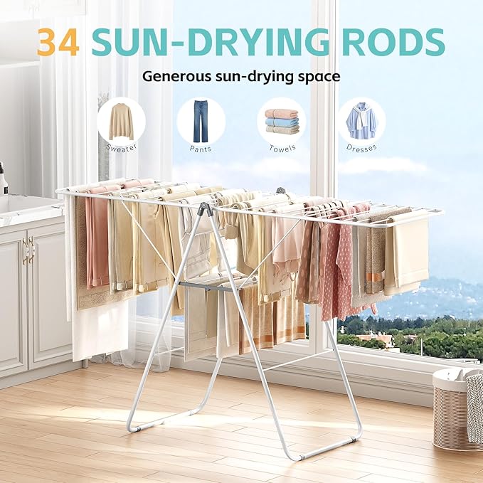 APEXCHASER Clothes Drying Rack, Oversized Drying Rack Clothing with Height-Adjustable, Foldable Gullwings Metal Laundry Rack, Indoor Outdoor Use, No Assembly, White-Ruum Studio Home