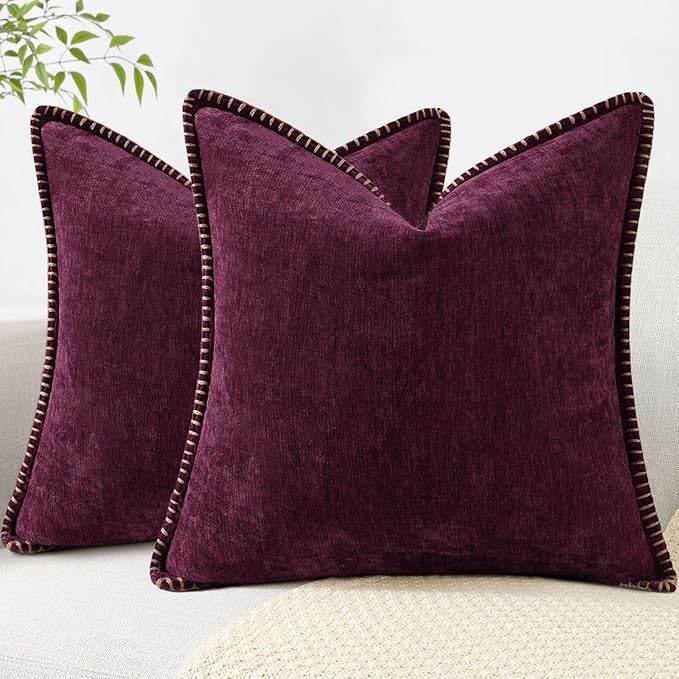 decorUhome Chenille Soft Throw Pillow Covers 16x16 Set of 2, Farmhouse Velvet Neutral Decorative Euro Pillow Covers with Stitched Edge for Couch Sofa Bed Home Decor, Rhododendron-Ruum Studio Home