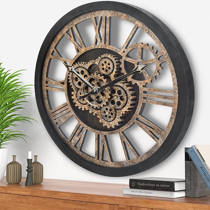 HOIBAI Large Wall Clock, 24 Inch Wall Clocks for Living Room Decor Farmhouse Vintage Rustic Kitchen Wall Decor Vintage Roman Big Oversized Wall Clock for Home Bedroom House Office, Moving Gears Clock-Ruum Studio Home