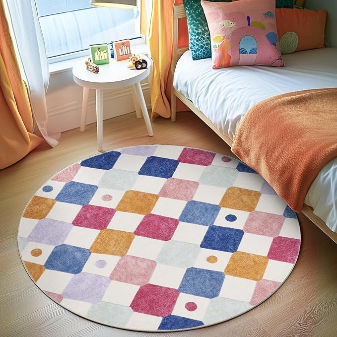 jinchan Round Rug 5ft Kids Washable Rug Indoor Floor Cover Non-Slip Soft Elementary School Classroom Modern Colorful Diamond Carpet for Nursery Daycare Bedroom Playroom Living Room Berries on Cream-Ruum Studio Home