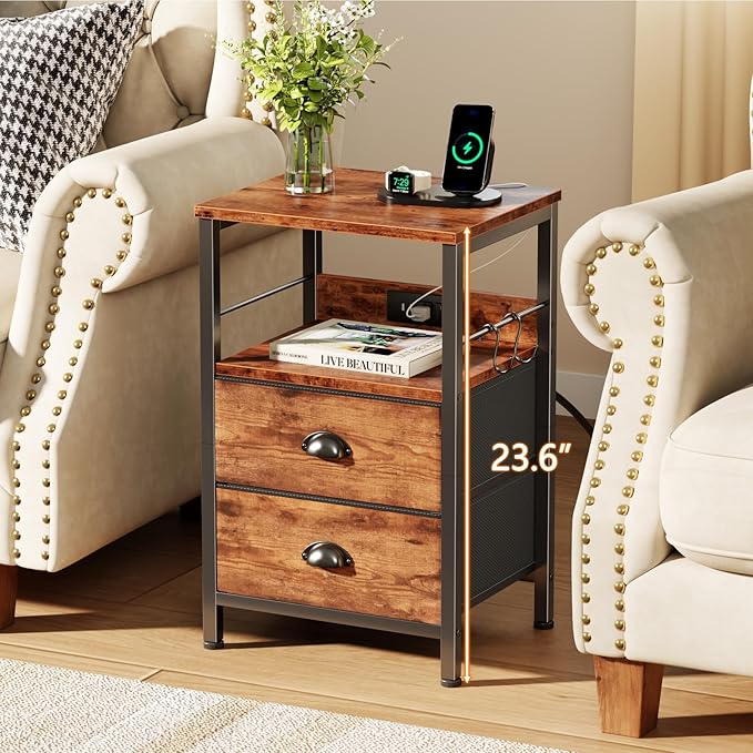 Furologee End Table with Charging Station, Nightstand with Fabric Drawers, Side Table with USB Ports & Outlets, Night Stand with Storage Shelf & Hooks, for Living Room/Bedroom, Rustic Brown-Ruum Studio Home
