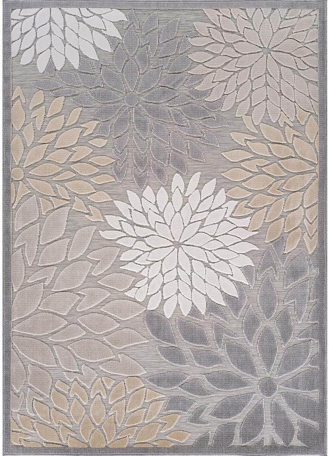 Beverly Rug Outdoor Rug 9x12 Large Modern Floral Tropical Area Rugs for Indoor and Outdoor Patio Easy to Clean Non Shedding Living Room Porch Garden Washable Outside Carpet (9 x 12 Gray)-Ruum Studio Home
