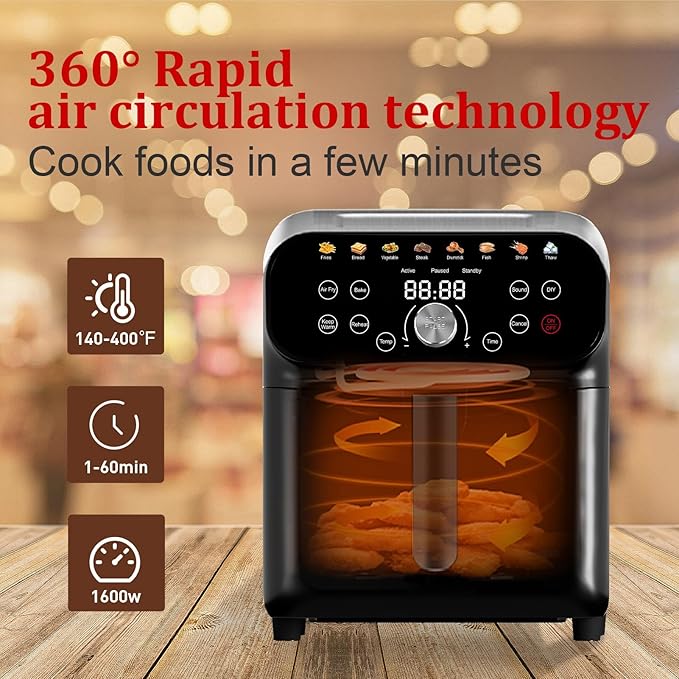 Air Fryer, 6QT Air Fryer Oven with LED Digital Touchscreen, 12 Preset Cooking Functions Air fryers,Roast, Warm-Up, Stay Warm, Stick-Free & Dishwasher-Friendly Basket, Stainless Steel/Black-Ruum Studio Home