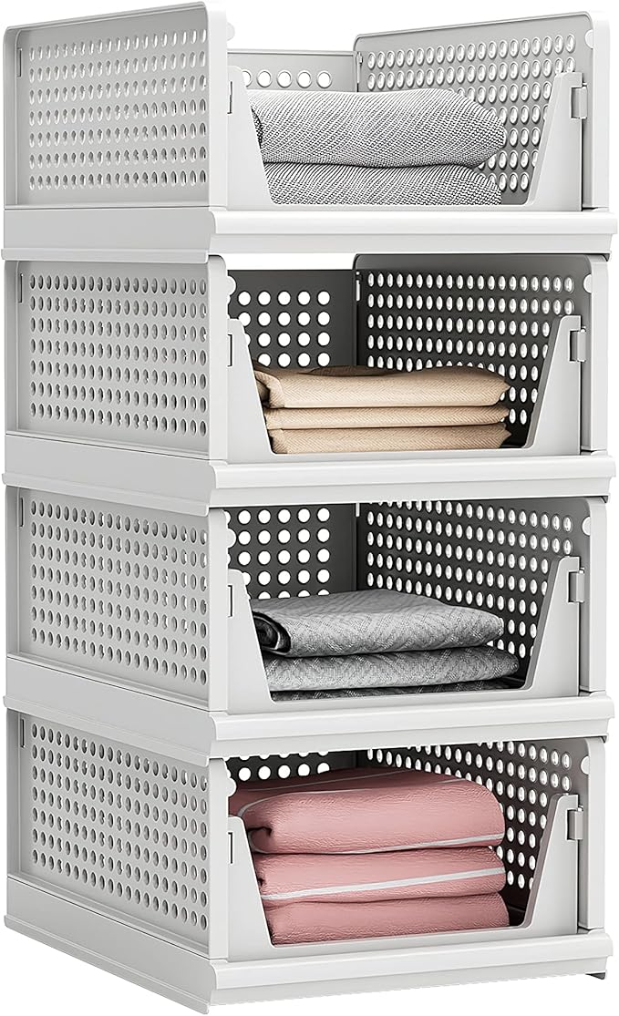 Stackable Plastic Storage Basket Closet Organizer Bin Foldable Clothes Organizer Storage Drawer Shelf Container for Living Room Bathroom Kitchen Office Laundry Room-Ruum Studio Home