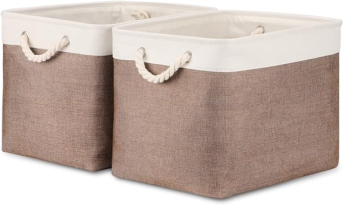 Bidtakay Large Storage Baskets with Handles for Organizing 16" x 11.8" x 11.8" Rustic Shelf Baskets [2-Pack] Foldable Clothes Baskets Fabric Collapsible Bins for Closet (White&Earthy Brown)-Ruum Studio Home