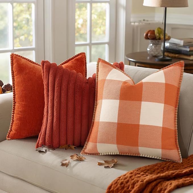decorUhome Fall Orange and White Decorative Throw Pillow Covers 24x24 Set of 2, Buffalo Plaid Check Farmhouse Cushion Covers with Stitched Edge for Autumn Harvest Couch Sofa Bed Home Decor-Ruum Studio Home