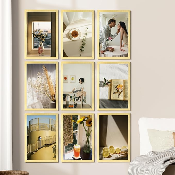 Vittanly 11x17 Picture Frames Set of 9, Shatter Resistant Plexiglass, Display 8x12 Pictures with Mat or 11x17 without Mat, Photo Frames for Wall Mount, Engineered Wood, Gold-Ruum Studio Home