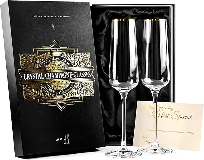 Gold Rim Champagne Gift Glasses | Set of 2 | Crystal Square Toasting Flutes for Bride and Groom, Wedding, Anniversary, Birthday | Elegant Long Stemmed Glassware for Sparkling Wine, Prosecco-Ruum Studio Home
