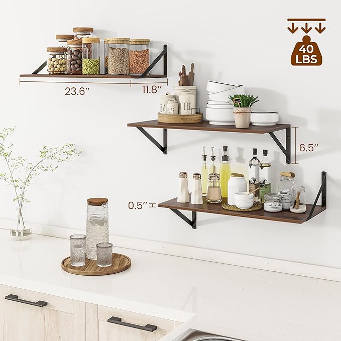 Heimlove 24" W x 12" D Wall Shelves for Books, 12 Inch Deep Floating Shelves Set of 3, Wide Floating Bookshelf with Metal Bracket for Living Room, Kitchen, Office, Bedroom and Decor Storage - Walnut-Ruum Studio Home